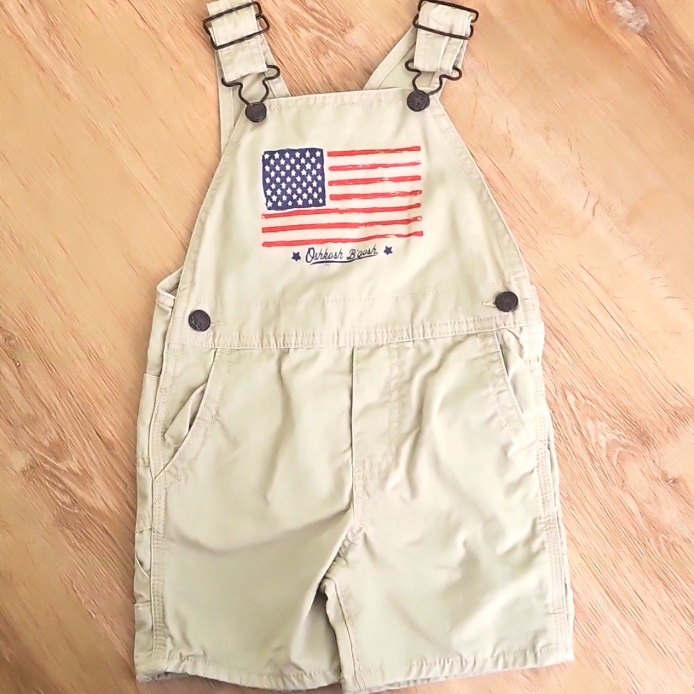 OshKosh B'gosh Short Overalls, Size 2T, American Flag Design, 100% Cotton